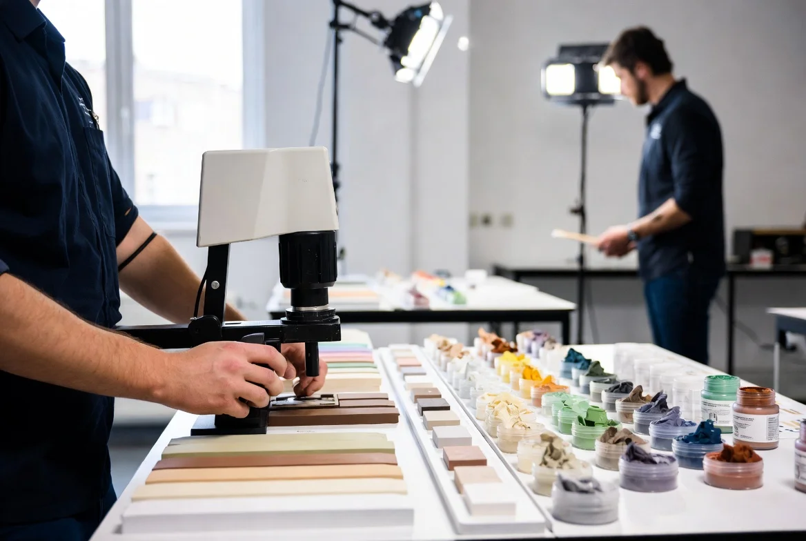 Pantone color matching process with spectrophotometer verification and test tile approval