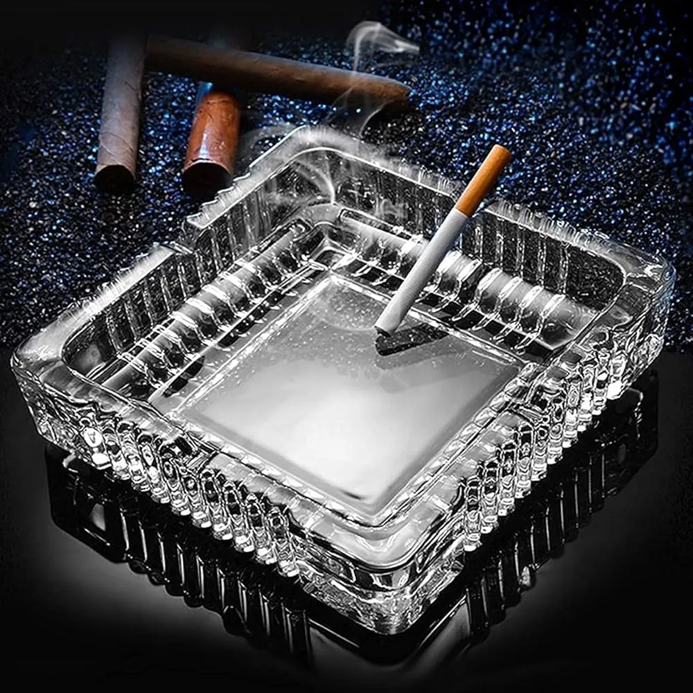 Premium custom tempered glass ashtray with a printed hotel logo and weighted base for stability on luxury tabletops
