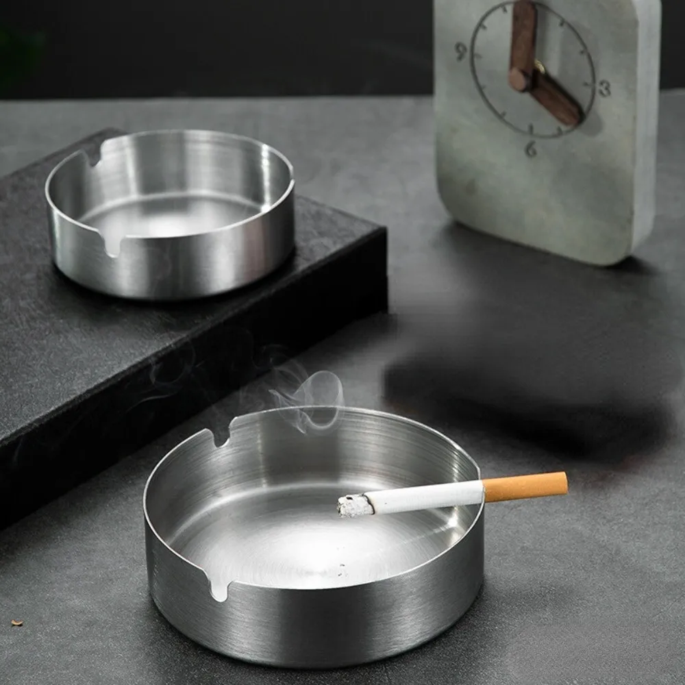 Brushed 304 stainless steel custom ashtray with anti-slip silicone base and laser-engraved branding, ideal for outdoor hospitality