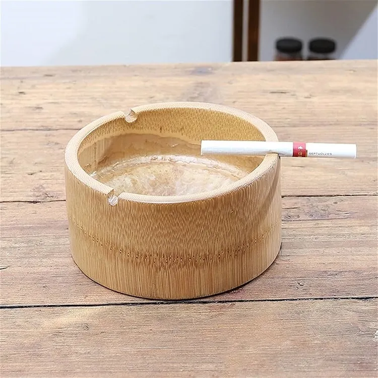 FSC-certified bamboo or walnut custom ashtray with laser-engraved logo and natural oil finish for eco-luxury hotels