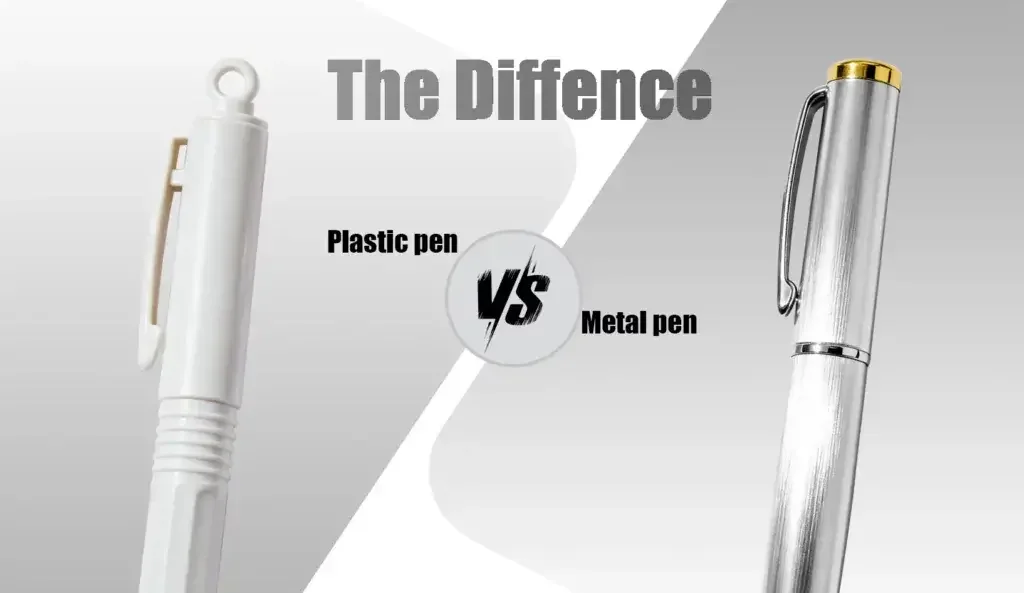 A white plastic pen and a brushed metal pen shown side by side to illustrate the durability comparison.