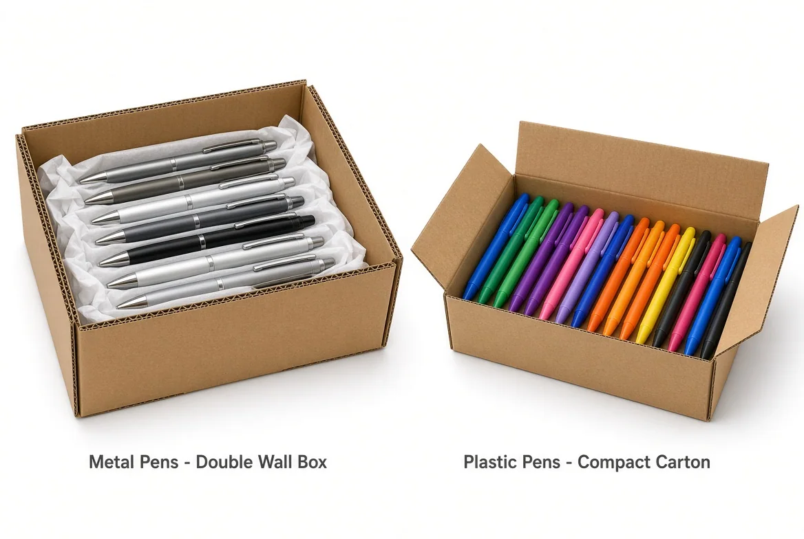 Open double wall carton of metal pens beside a compact carton of colorful plastic pens.