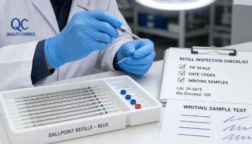 QC inspector checking tip seals, date codes, and writing samples on a tray of blue ballpoint refills