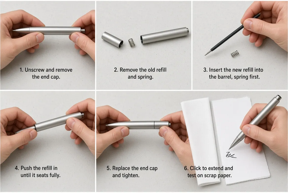 Six panel photo sequence showing old refill and spring removal, replacement, reassembly, and a writing test