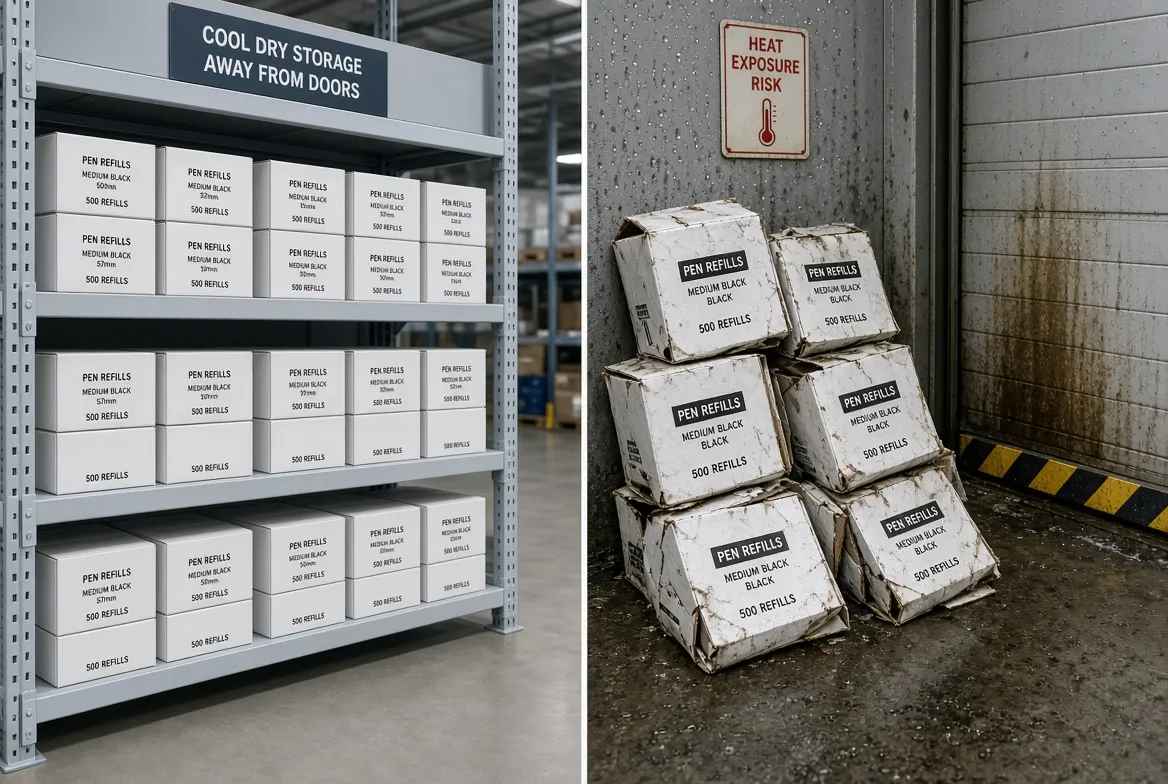 Pen refill cartons on cool, dry shelving compared with crushed cartons stored beside a heat exposed door