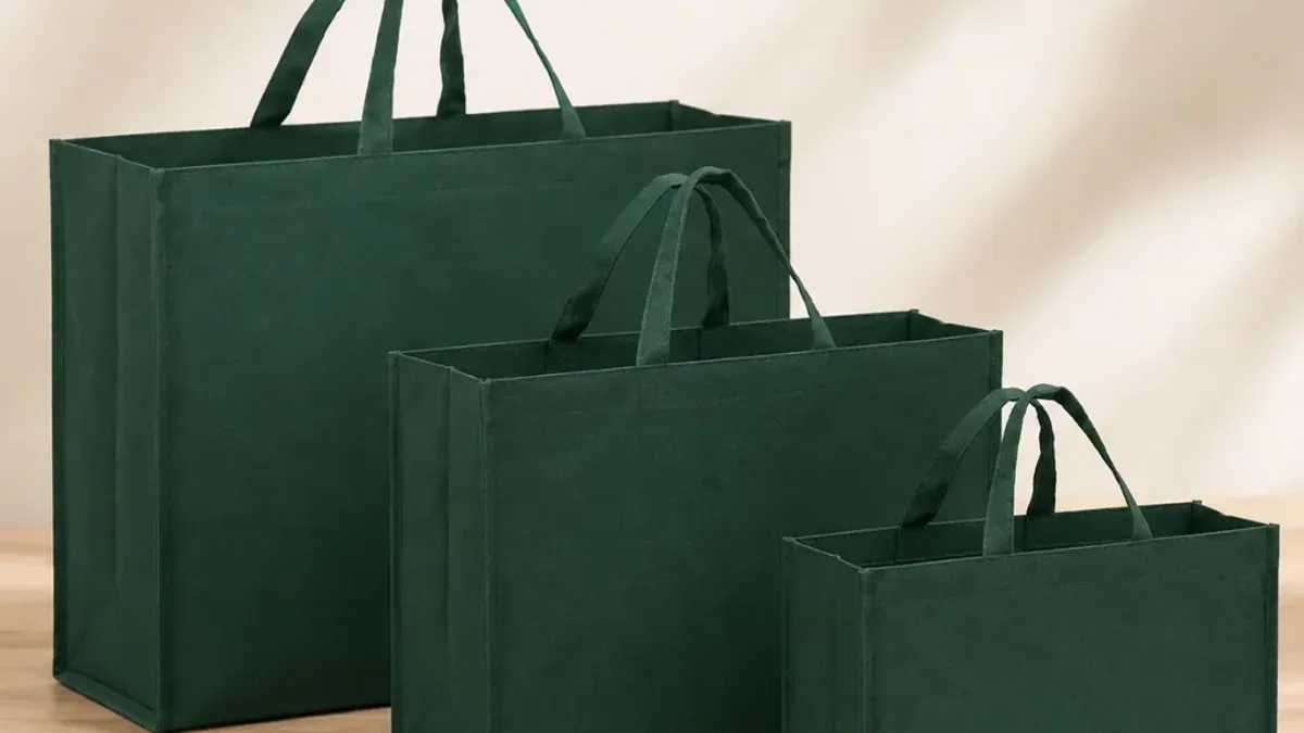 Three dark green non woven PP tote bags in different sizes