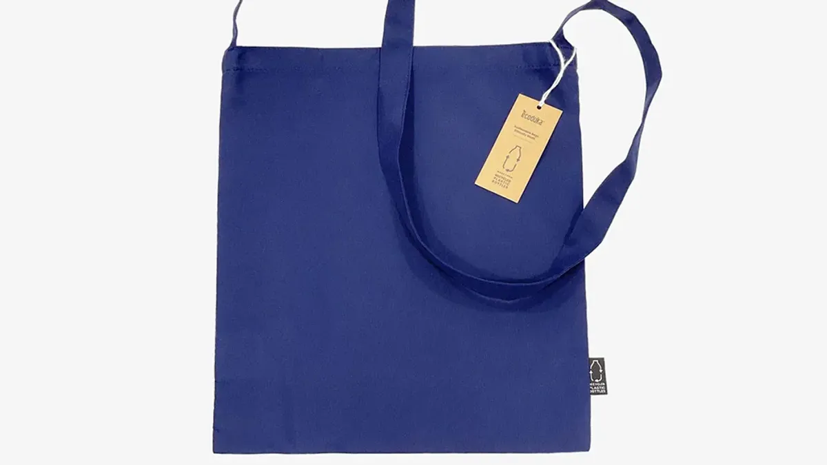 Navy recycled PET tote bag with a hang tag