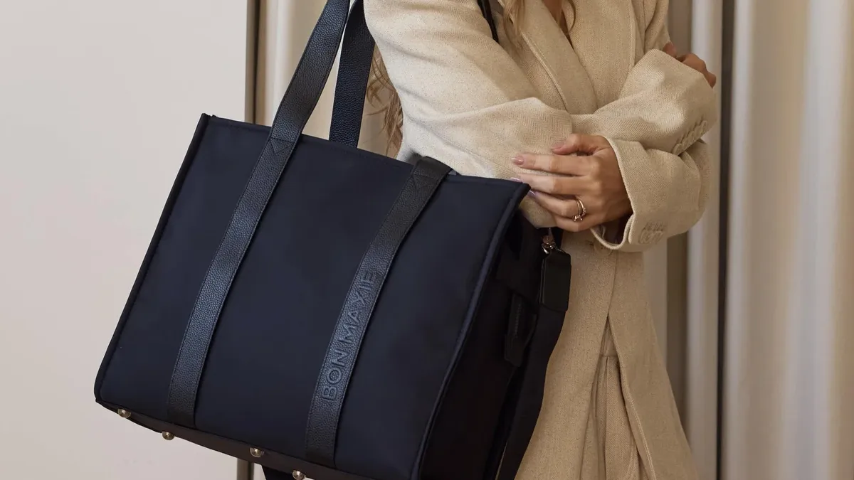 Navy structured box style tote bag with leather straps
