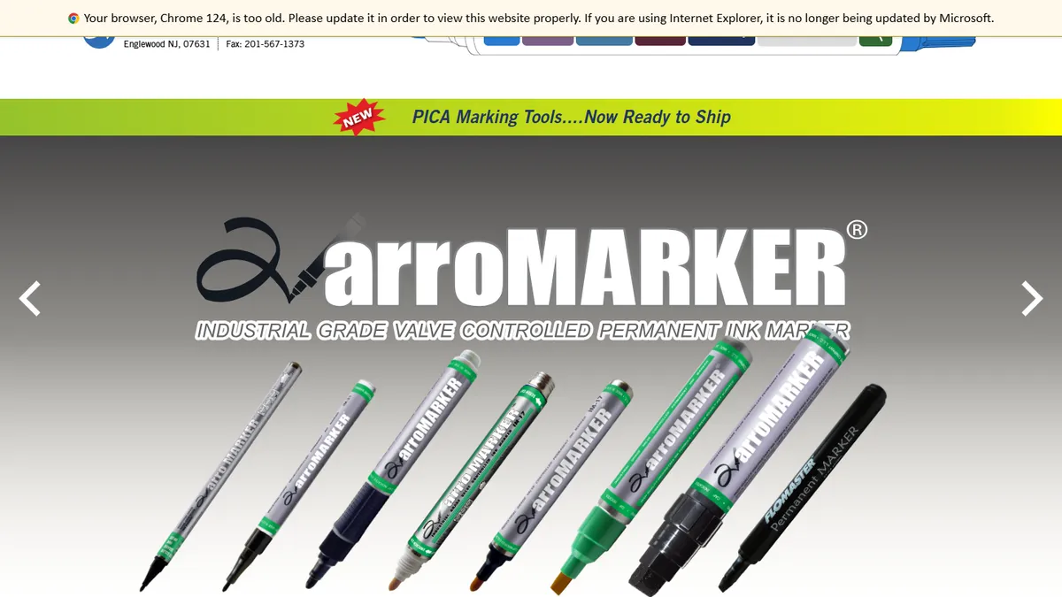 Arro Mark industrial marker homepage showing ArroMARKER permanent ink markers