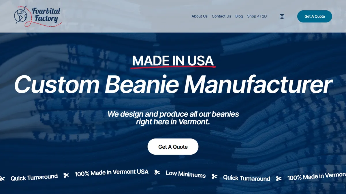 Fourbital Factory homepage — custom jacquard knit beanies made in Vermont