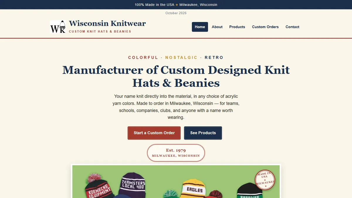 Wisconsin Knitwear homepage — custom jacquard beanies knitted in Milwaukee