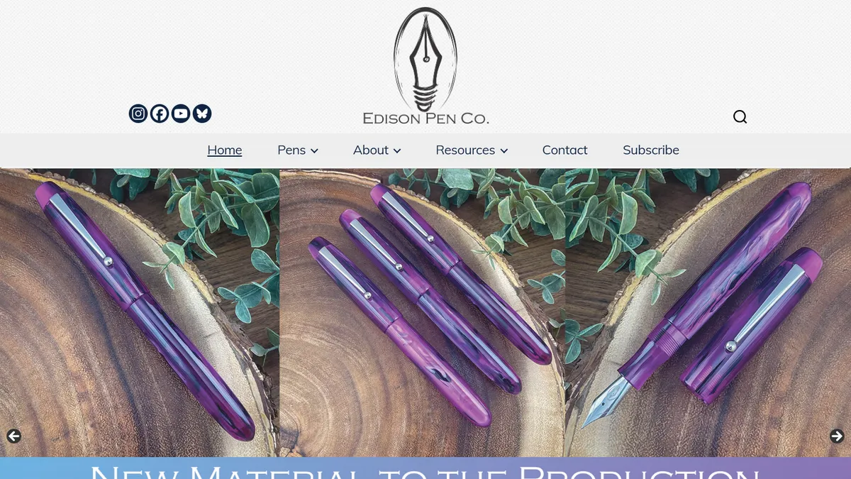 Edison Pen Co. homepage featuring handcrafted acrylic fountain pens