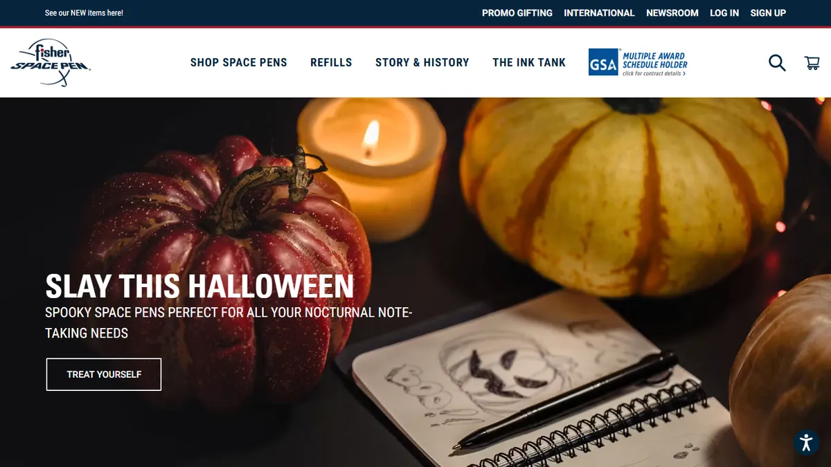 Fisher Space Pen homepage featuring pressurized space pens made in Boulder City, Nevada
