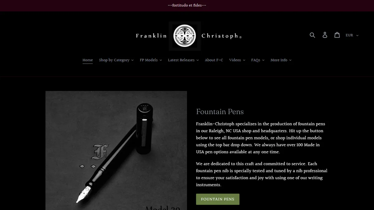 Franklin Christoph homepage showing fountain pens and in house nib tuning in Raleigh, North Carolina