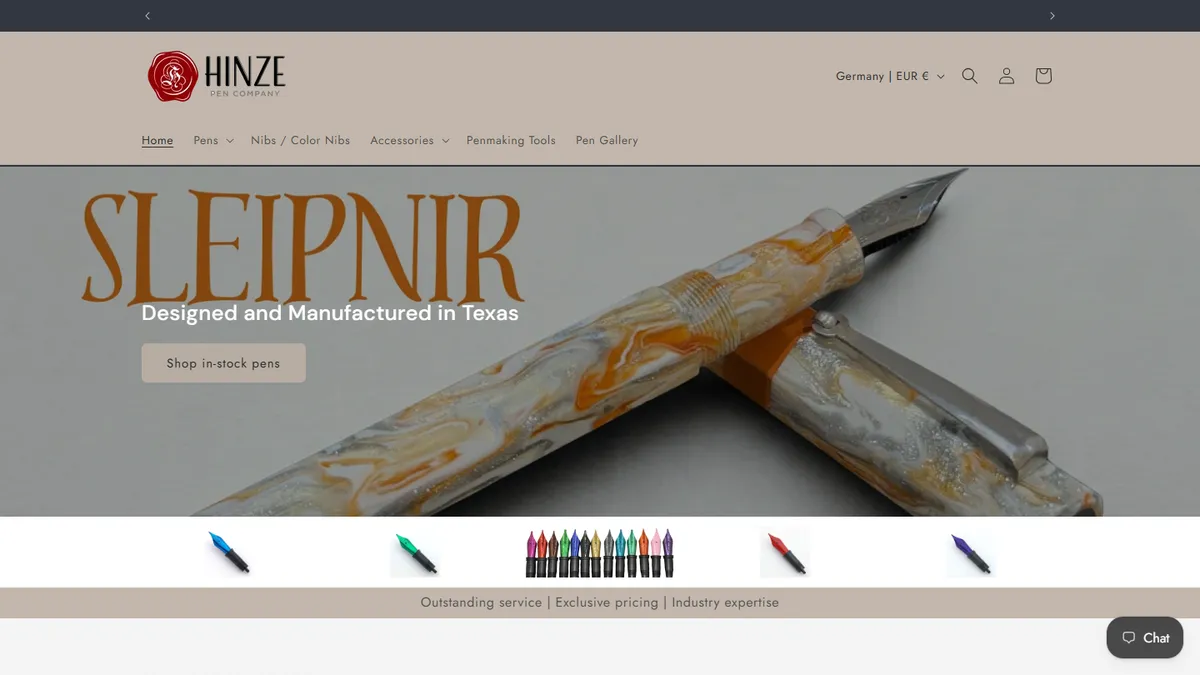 Hinze Pen Company homepage featuring handmade resin fountain pens with in house nib tuning
