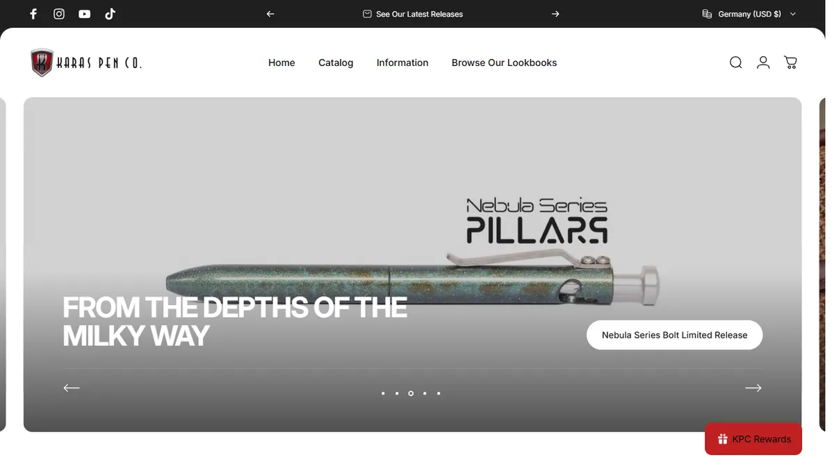 Karas Pen Co. homepage featuring the Nebula Series machined metal pens made in Mesa, Arizona