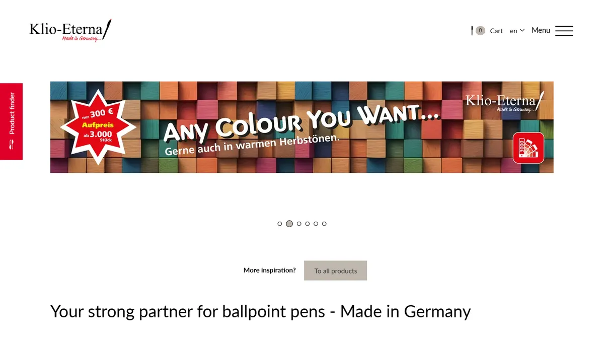 Klio Eterna homepage — custom colour promotional ballpoint pens from 3,000 pieces