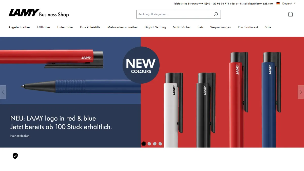 LAMY Business Shop homepage — logo pens available from 100 pieces