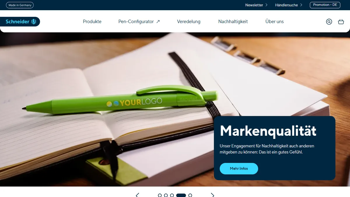 Schneider homepage — promotional pen printed with a "YOUR LOGO" mock up