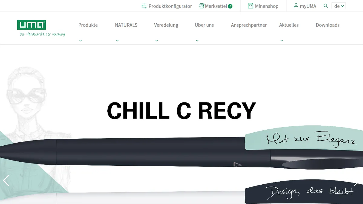 uma homepage — branded promotional pens, including the recycled CHILL C RECY line