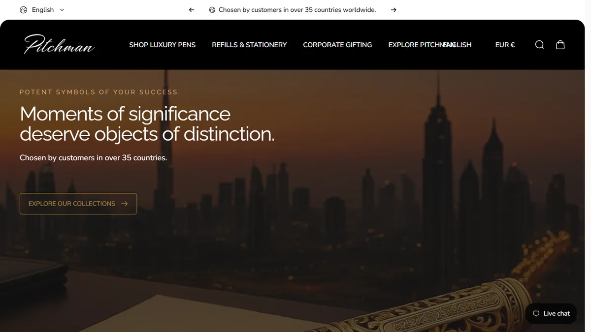 Pitchman Pens homepage featuring handcrafted luxury fountain and rollerball pens