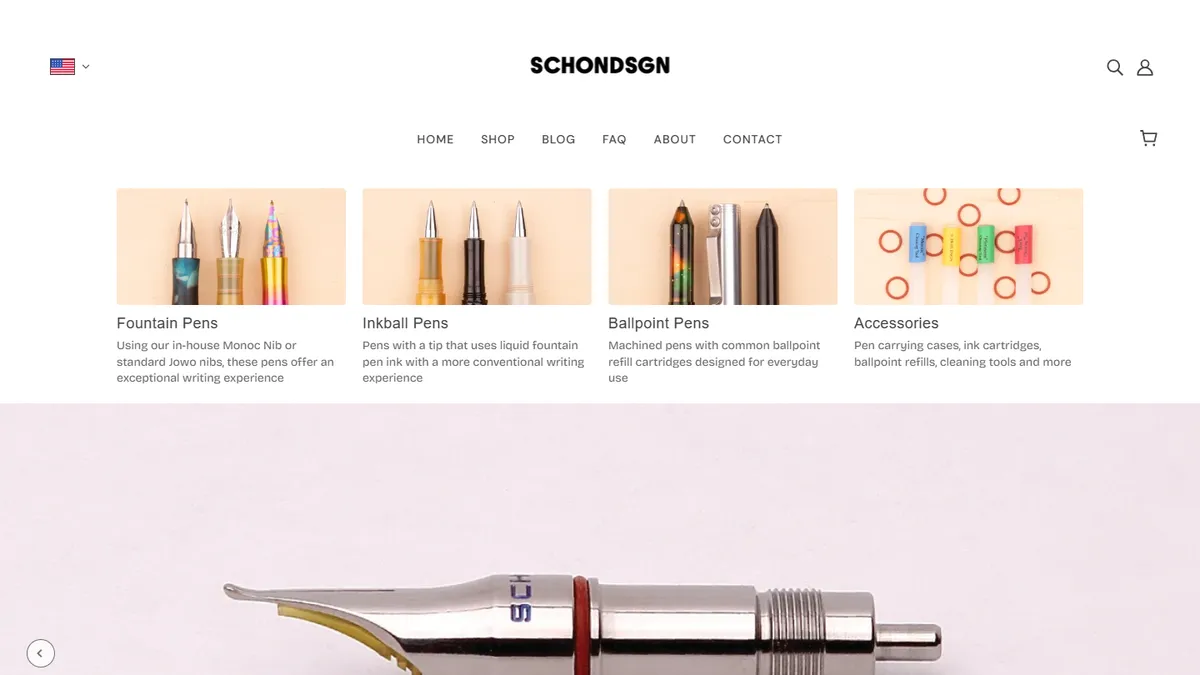 Schon DSGN homepage showing compact machined fountain, inkball, and ballpoint pens