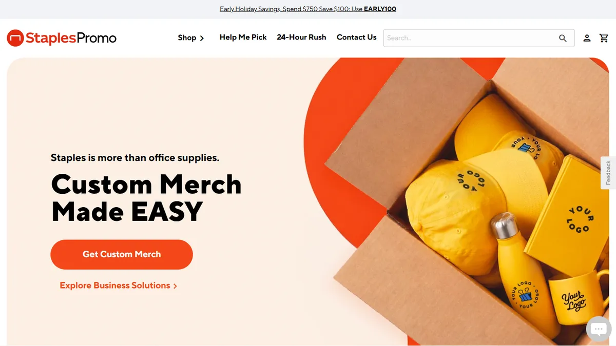 Staples Promotional Products homepage — 24 Hour Rush category for office swag