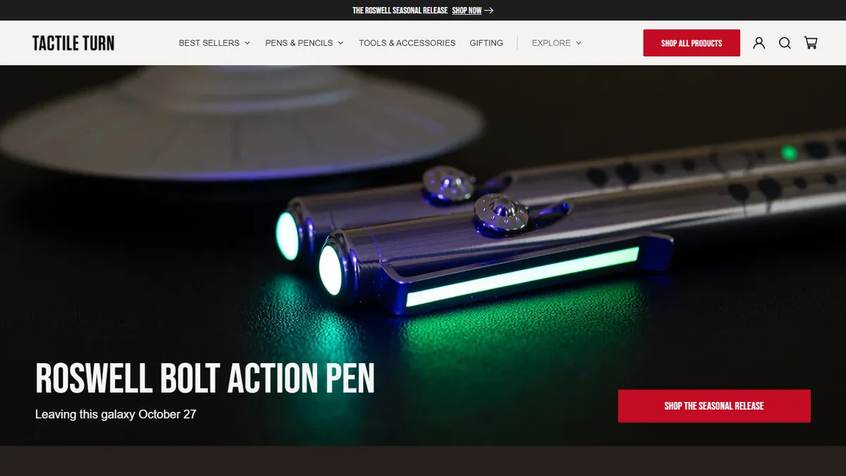Tactile Turn homepage featuring premium machined metal everyday carry pens from Texas