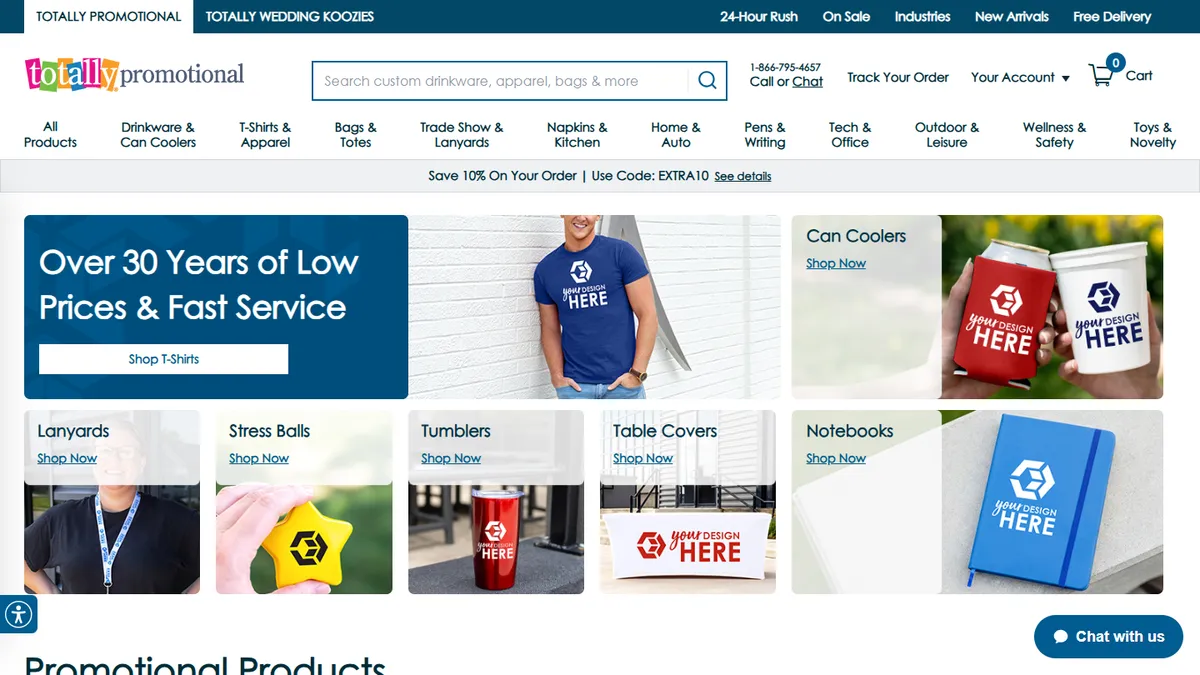 Totally Promotional homepage — rush imprint options on standard logo giveaways