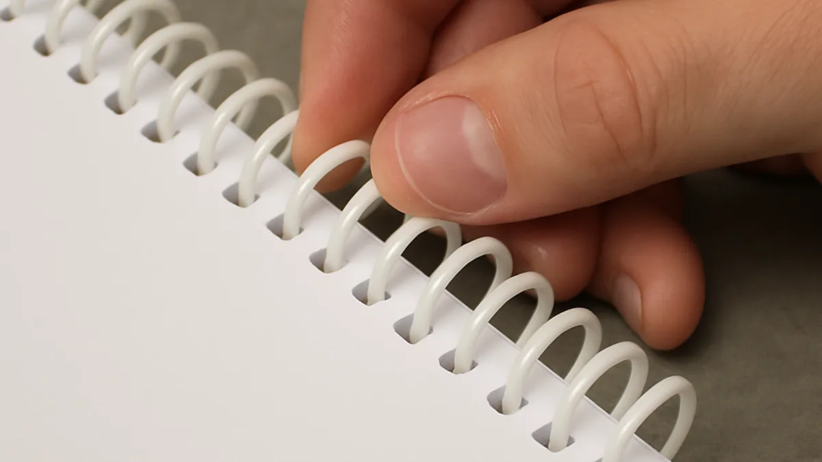 Plastic coil binding with a helical strand threaded through punched pages