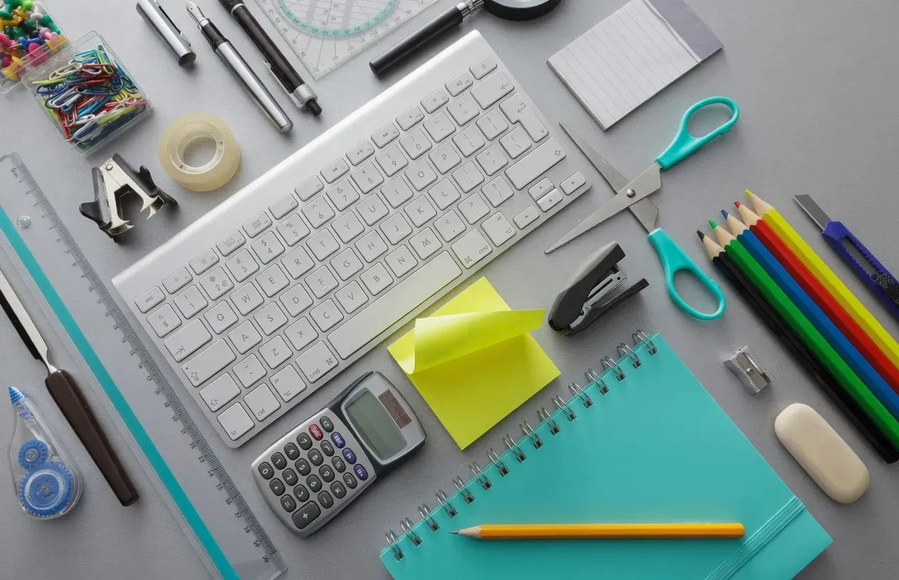 Custom branded office supplies — notebooks, pens, sticky notes and desk accessories