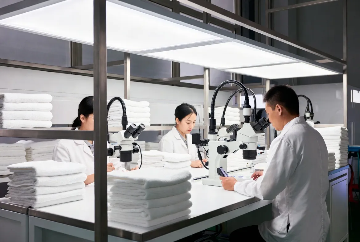 QC inspection station at towel manufacturing facility